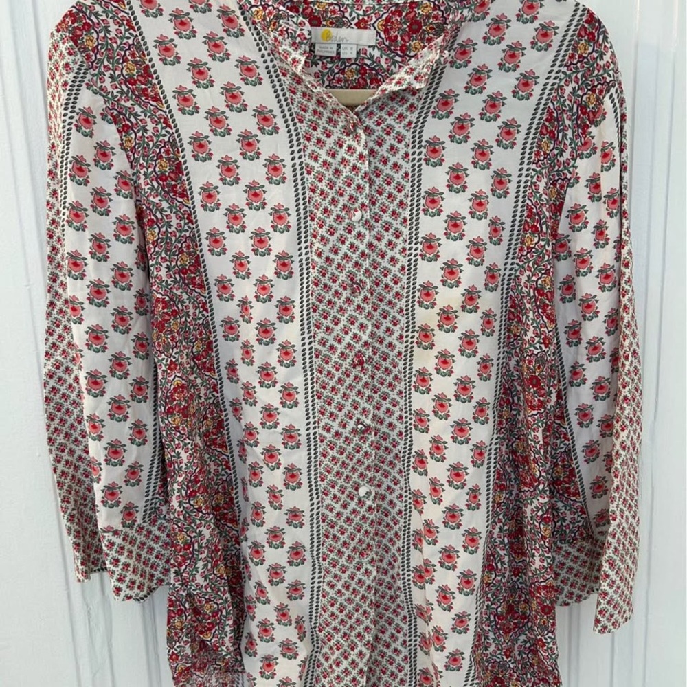 Boden Floral Button-Up Tunic Top - Cream & Red